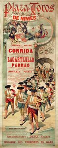 Plakat som reklamerer for en tyrefekting på Plaza de Toros, Nimes, 1. august 1897, gravert av J. Ortega